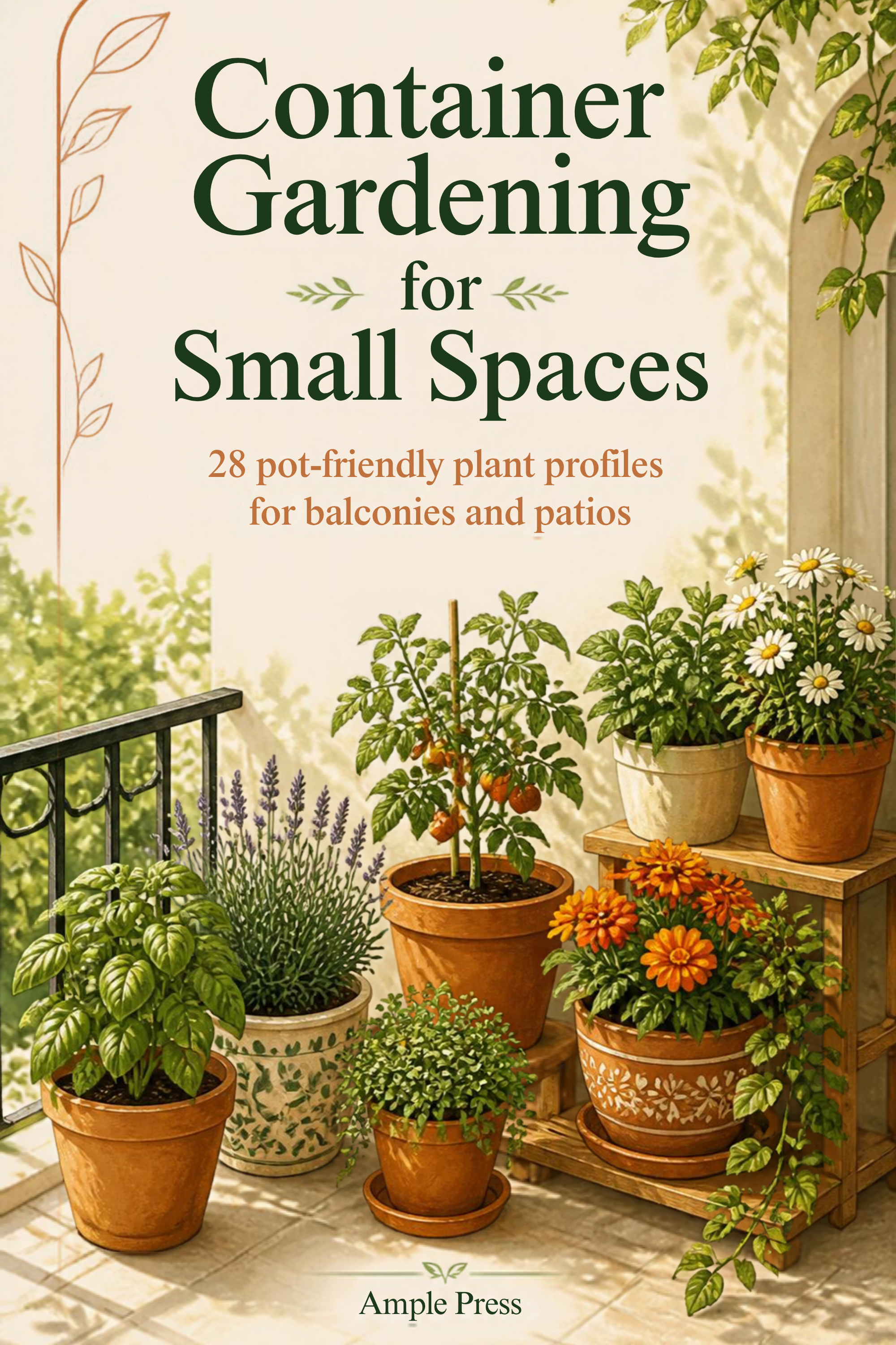 Cover of Container Gardening for Small Spaces, showing the title and a 25+ container-friendly plants badge