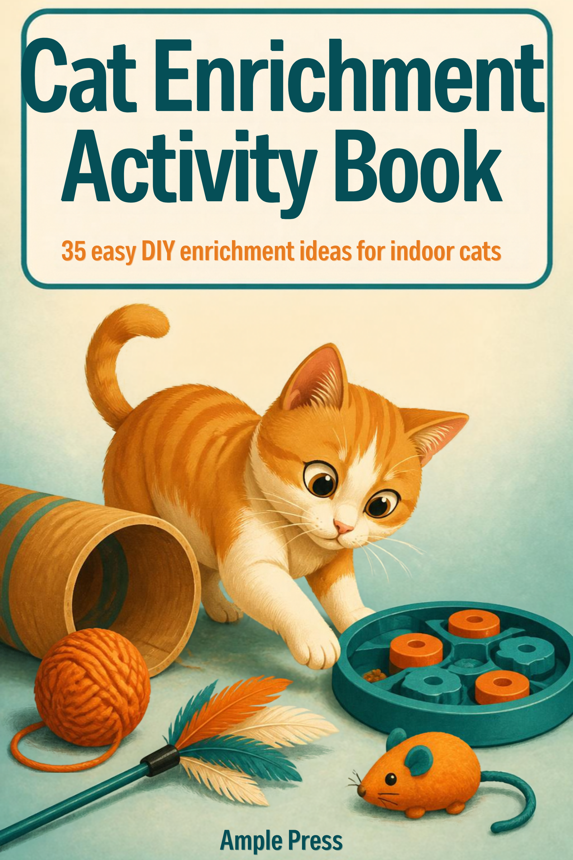 Cover of the Cat Enrichment Activity Book, showing the title and a 35 DIY enrichment ideas badge