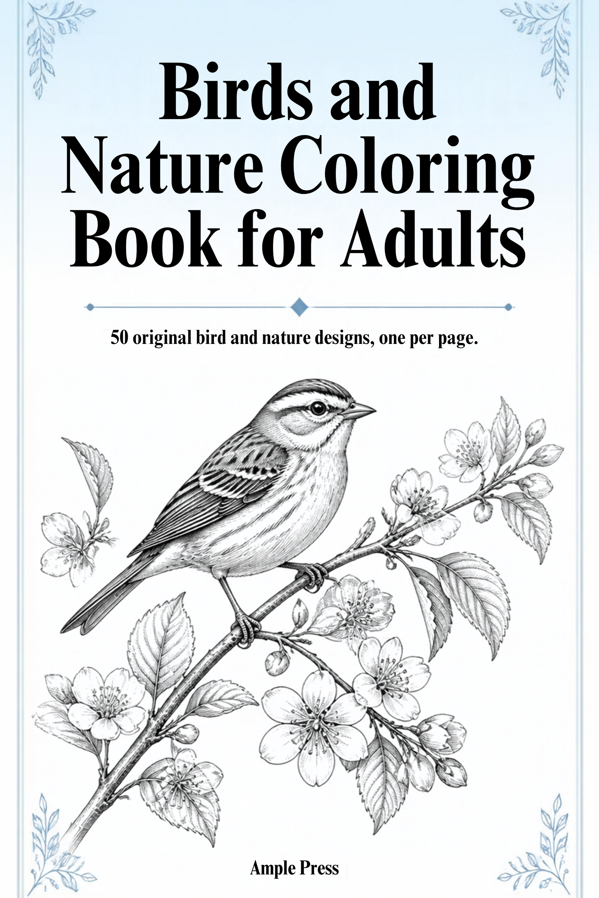 Cover of Birds and Nature Coloring Book for Adults showing a colored cardinal on a pine branch, with 50 Designs and Single-Sided Pages badges.