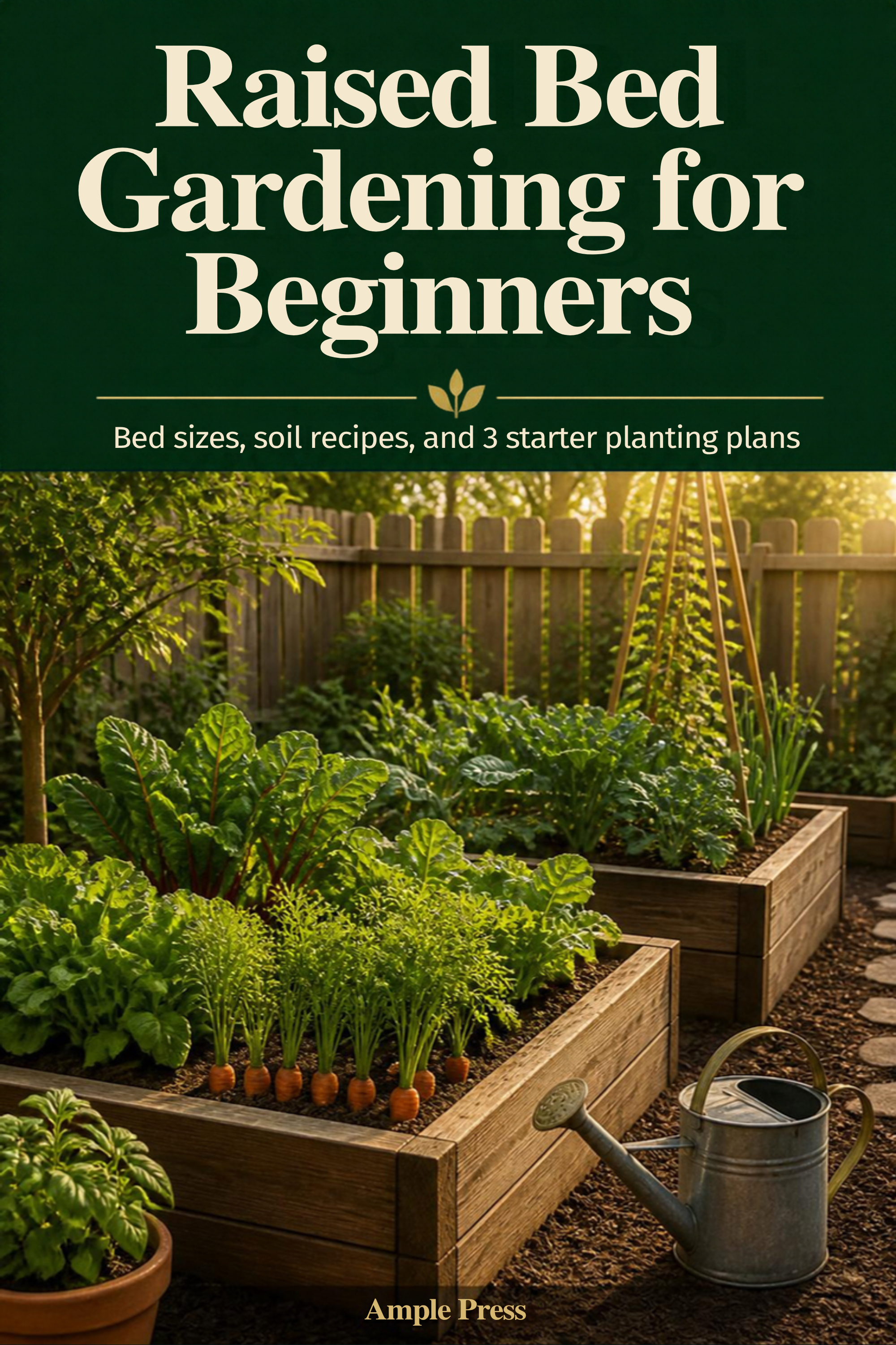 Cover of Raised Bed Gardening for Beginners, showing the title and a 3 starter planting plans badge