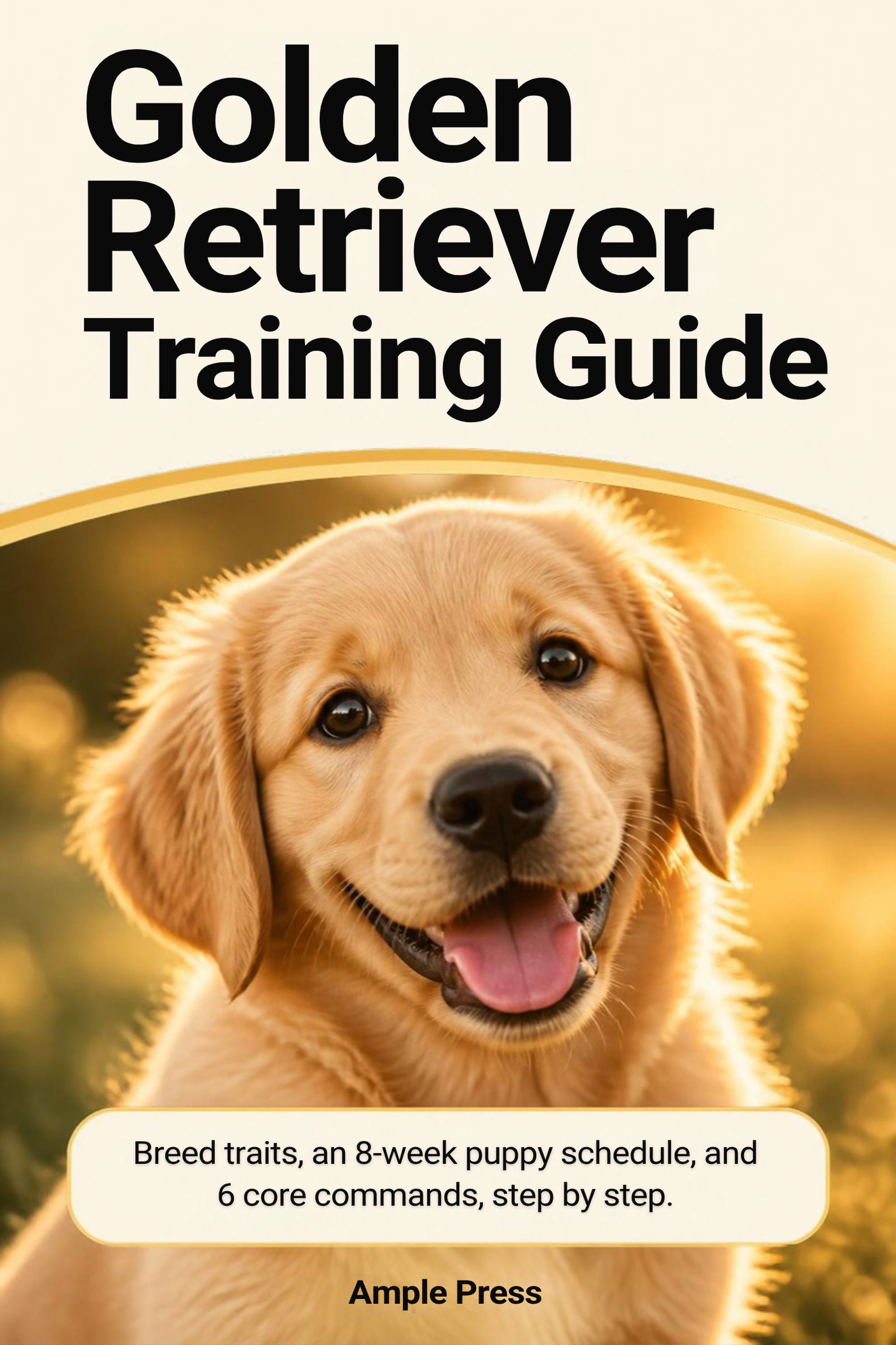 Cover of Golden Retriever Training Guide with 6 Core Commands and 8-Week Plan badges.