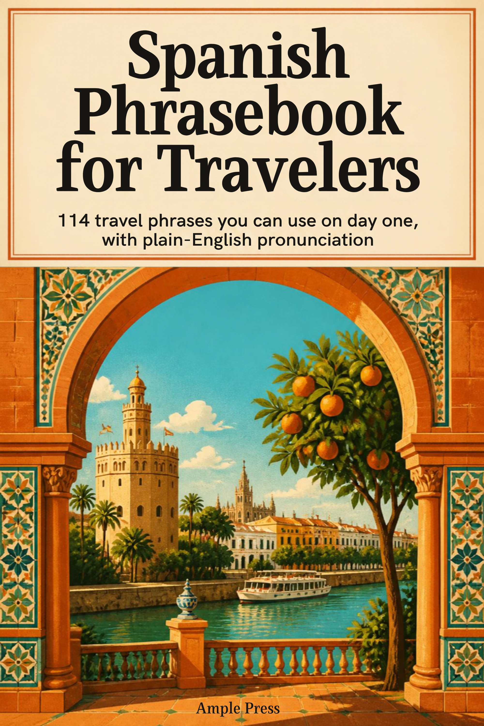 Cover of the Spanish Phrasebook for Travelers, showing the title and a gold speech bubble emblem with 114 PHRASES and TRAVEL PHRASES badges