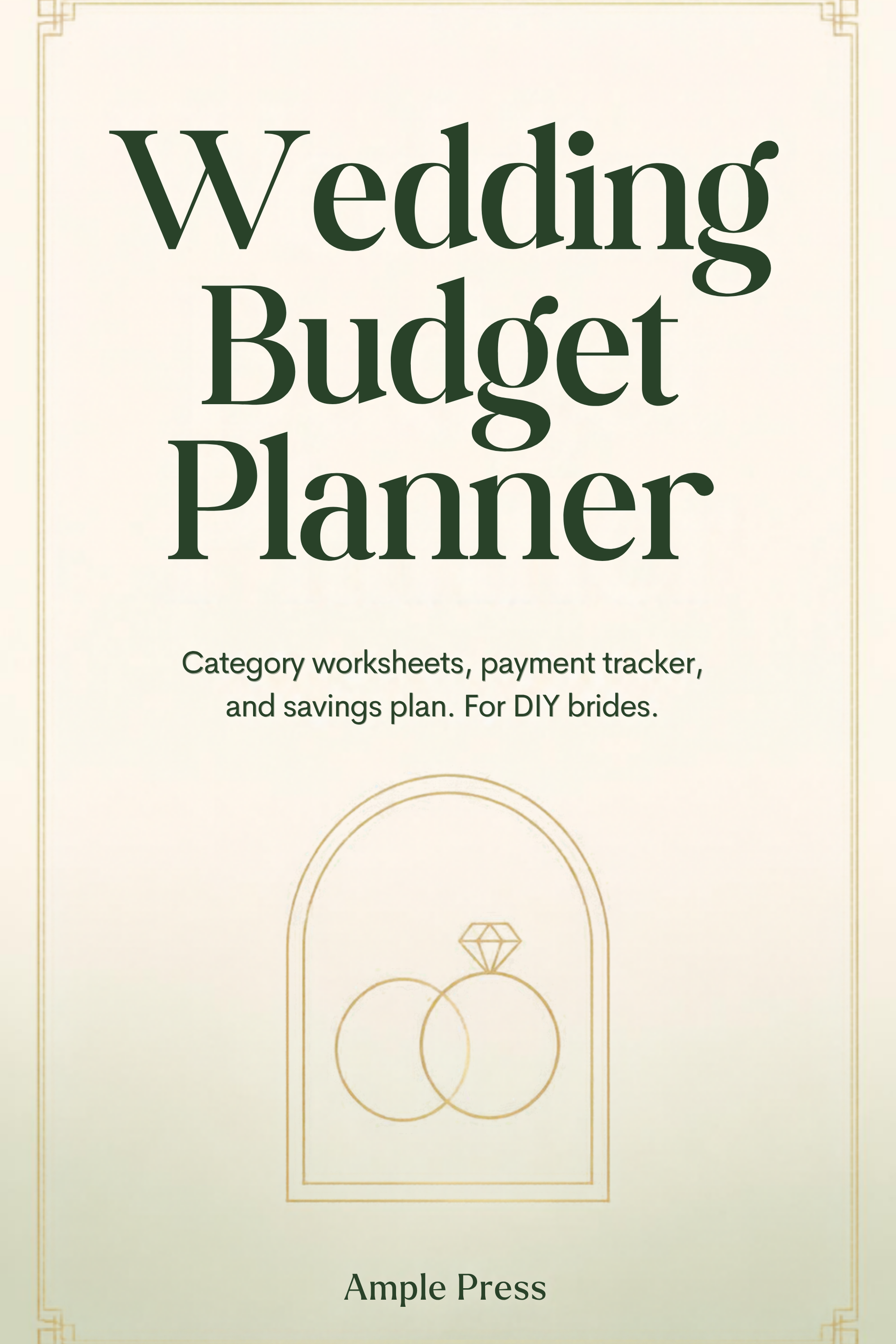Cover of Wedding Budget Planner with 13 Category Worksheets badge in gold, blush, and white.